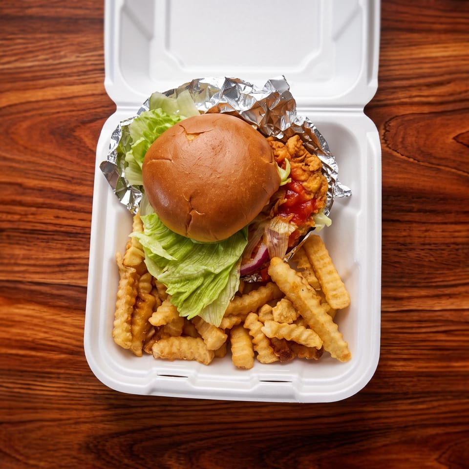 Takeout container with a burger, crinkle-cut fries, and a side of chicken on a wooden table.