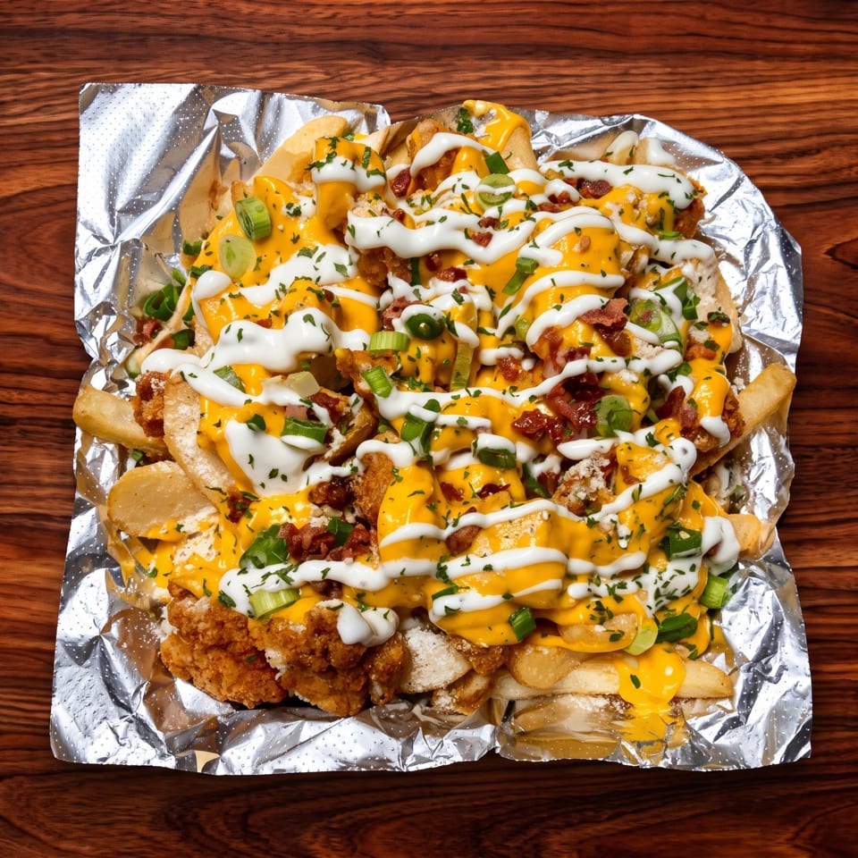 Loaded fries with melted cheese, sour cream, bacon bits, and green onions in foil on wood.