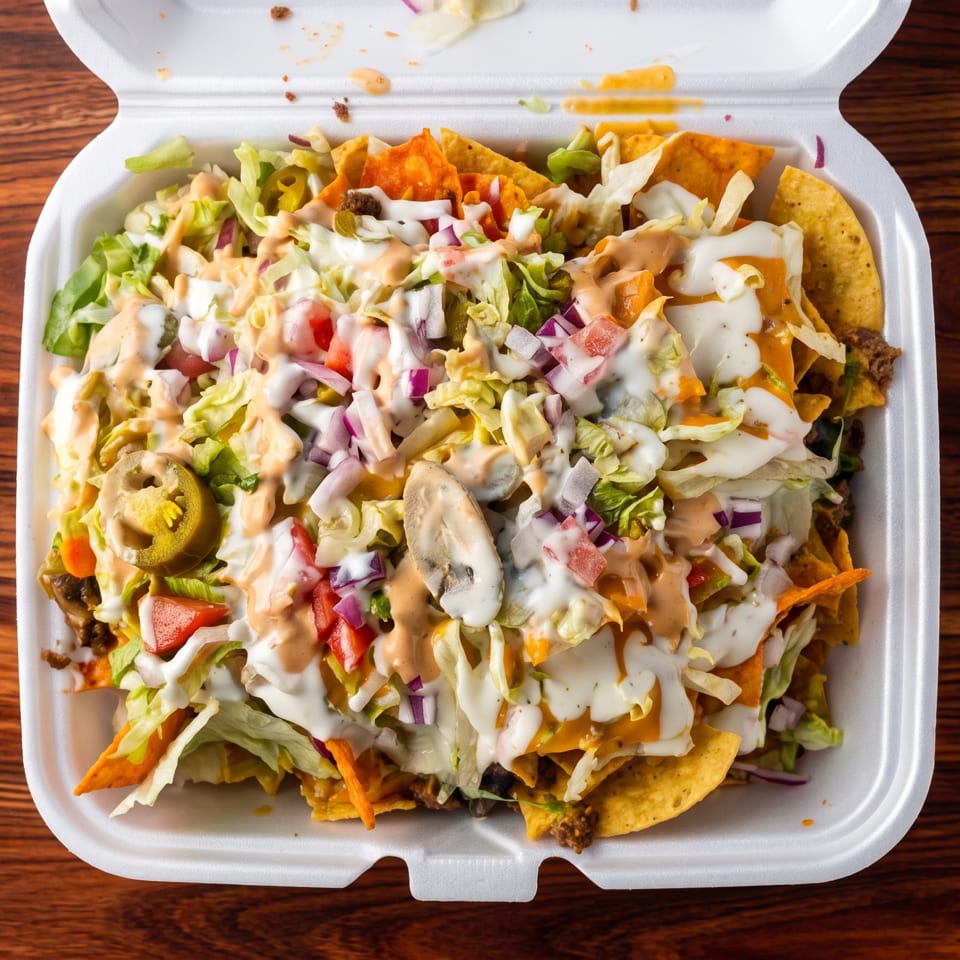 Loaded nachos with meat, cheese, lettuce, tomatoes, onions, and sauces in a white takeout container.