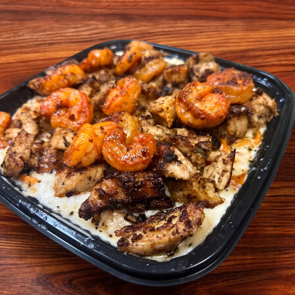 Grilled shrimp and chicken over creamy grits in a black takeout container on a wooden table.